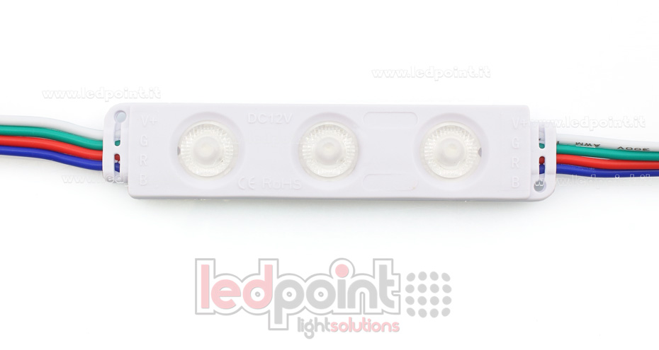 Module 3 led RGB 3528 12V 0,72W IP65 avec lentille 165° ModD-RGB-03321 Module 3 led RGB 3528 12V 0,72W IP65 avec lentille 165° ModD-RGB-03321