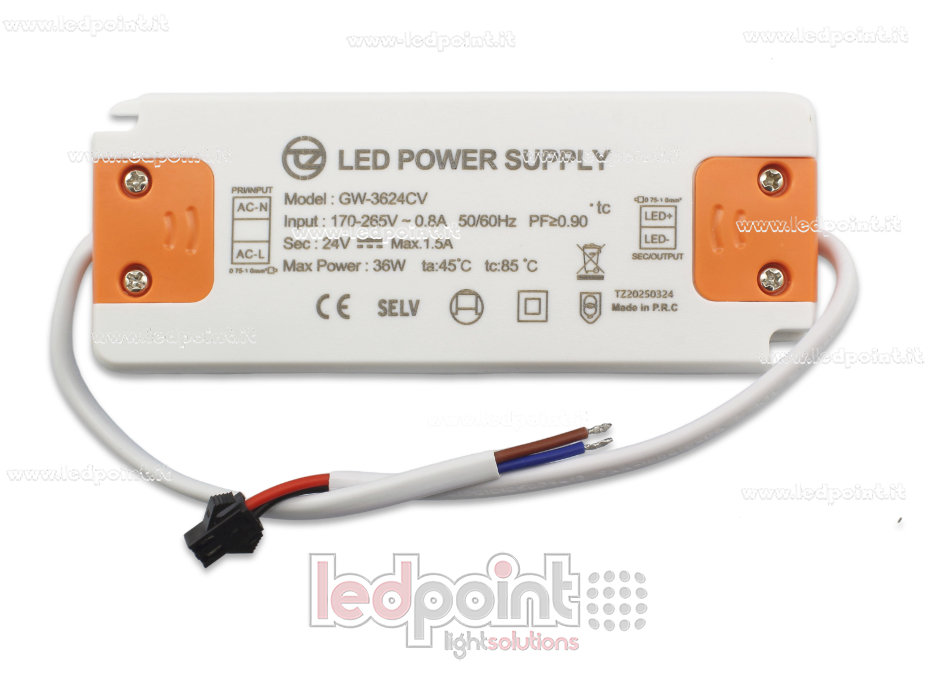 Transformateur ultra thin 36W 24V avec câbles PW-GW24V-36W