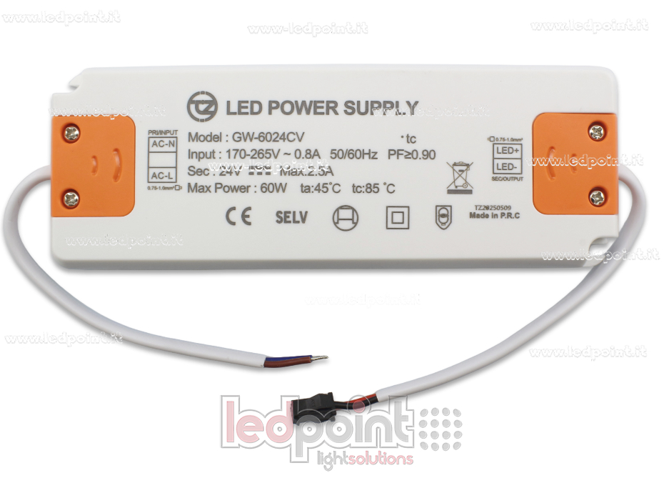 Transformateur ultra thin 60W 24V avec câbles PW-GW24V-60W