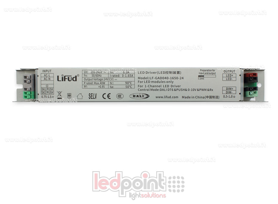 Transformateur 40W 24V 5in1 DALI + Push Dim + PWM + 0-10V + Rx LiFud PW-LF40-24-GAD