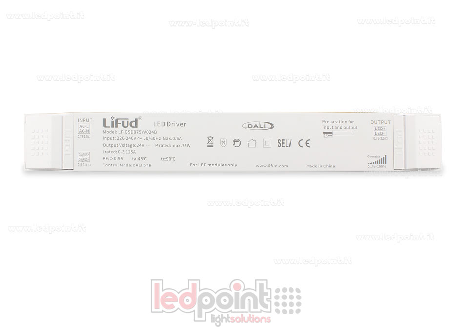 Transformateur ultra slim 75W 24V DALI + Push Dim LiFud PW-LF75-24B-GSD Transformateur ultra slim 75W 24V DALI + Push Dim LiFud PW-LF75-24B-GSD