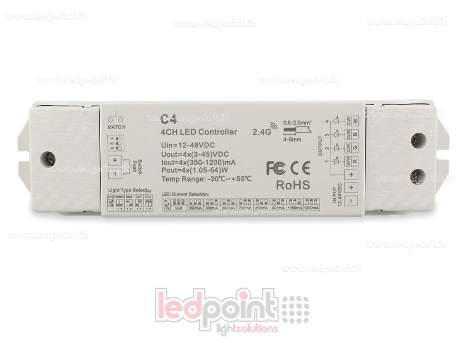 Variateur récepteur monocouleur, CCT, RGB et RGBW avec bouton 12/48V, 4ch*350-1200mA courant constant , RF 2.4G SK-C4(350-1200)