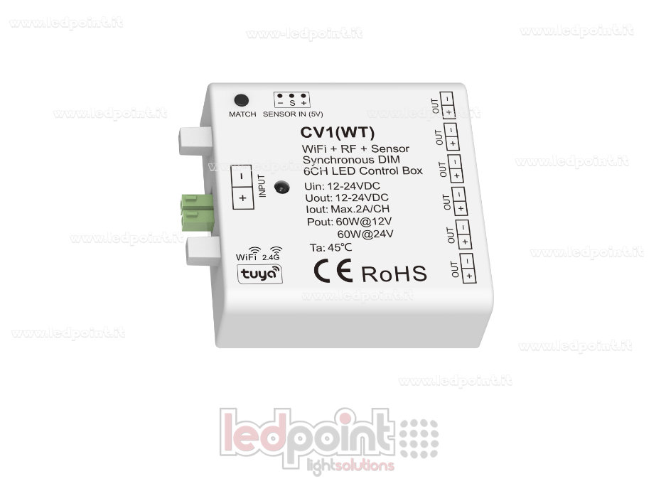 Interface de gradation 6 canaux 75/150W 12V-24V, RF 2.4GHz WiFi avec entrée capteur SK-CV1(WT)
