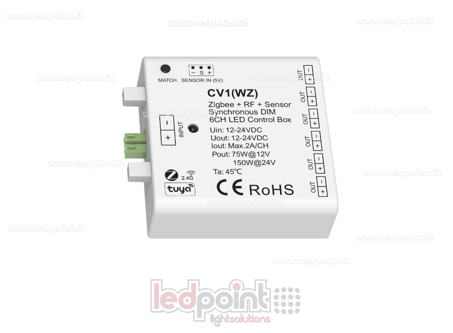 Interface de gradation 6 canaux 75/150W 12V-24V, RF 2.4GHz et ZigBee avec entrée capteur SK-CV1(WZ)