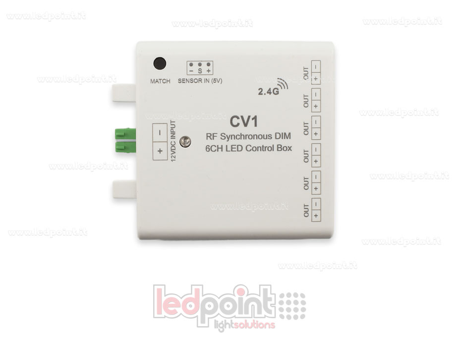 Interface variateur 6ch 60W 12V, RF 2.4GHz avec entrée pour capteur SK-CV1-12v Interface variateur 6ch 60W 12V, RF 2.4GHz avec entrée pour capteur SK-CV1-12v