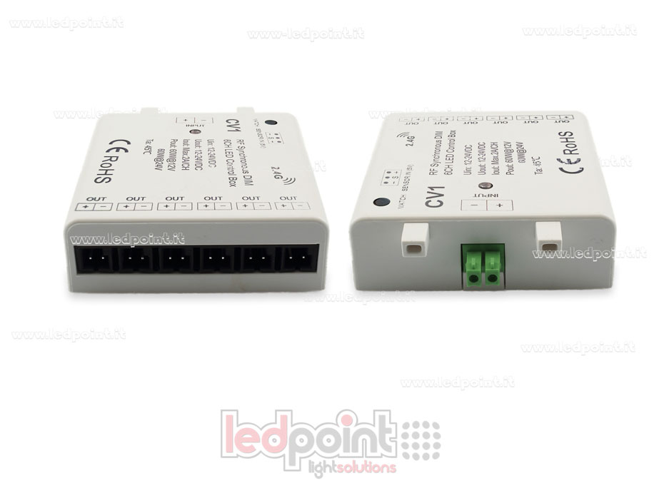 Interface variateur 6ch 60W 12V-24V, RF 2.4GHz avec entrée pour capteur SK-CV1 Interface variateur 6ch 60W 12V-24V, RF 2.4GHz avec entrée pour capteur SK-CV1