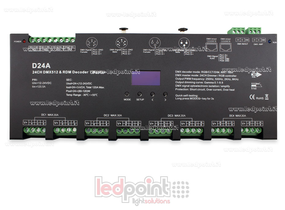 DMX 512 décodeur avec écran oled, 24 canaux 5A chacun, tension 12-12V DC SK-D24A DMX 512 décodeur avec écran oled, 24 canaux 5A chacun, tension 12-12V DC SK-D24A