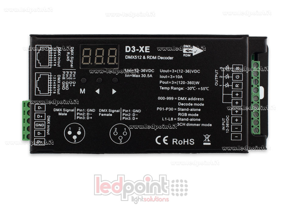 DMX 512 & RDM décodeur, 3 canaux 10A chacun, tension 12-36V DC. XLR3, RJ45 SK-D3-XE DMX 512 & RDM décodeur, 3 canaux 10A chacun, tension 12-36V DC. XLR3, RJ45 SK-D3-XE