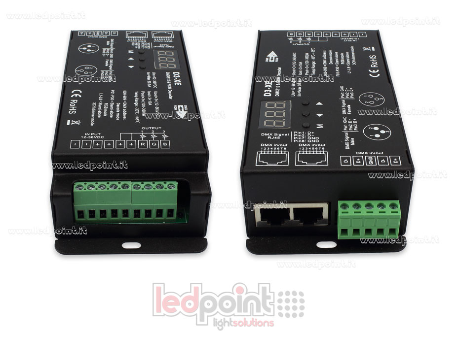 DMX 512 & RDM décodeur, 3 canaux 10A chacun, tension 12-36V DC. XLR3, RJ45 SK-D3-XE DMX 512 & RDM décodeur, 3 canaux 10A chacun, tension 12-36V DC. XLR3, RJ45 SK-D3-XE