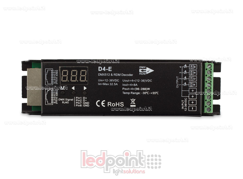 DMX 512 & RDM décodeur, 4 canaux 8A chacun, tension 12-36V DC, port RJ45 SK-D4-E DMX 512 & RDM décodeur, 4 canaux 8A chacun, tension 12-36V DC, port RJ45 SK-D4-E