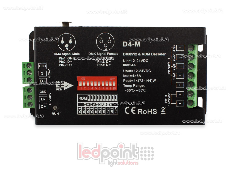 DMX 512 décodeur, 4 canaux 6A chacun, tension 12-24V DC, XLR3 SK-D4-M DMX 512 décodeur, 4 canaux 6A chacun, tension 12-24V DC, XLR3 SK-D4-M