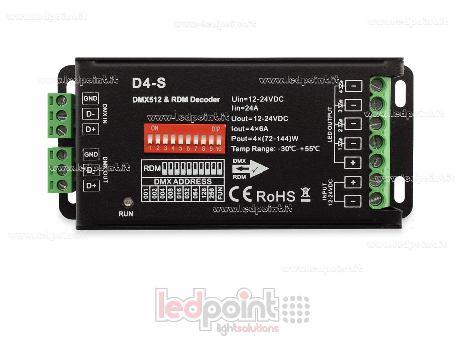 DMX 512 décodeur, 4 canaux 6A chacun, tension 12-24V DC SK-D4-S DMX 512 décodeur, 4 canaux 6A chacun, tension 12-24V DC SK-D4-S