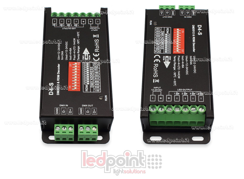 DMX 512 décodeur, 4 canaux 6A chacun, tension 12-24V DC SK-D4-S DMX 512 décodeur, 4 canaux 6A chacun, tension 12-24V DC SK-D4-S