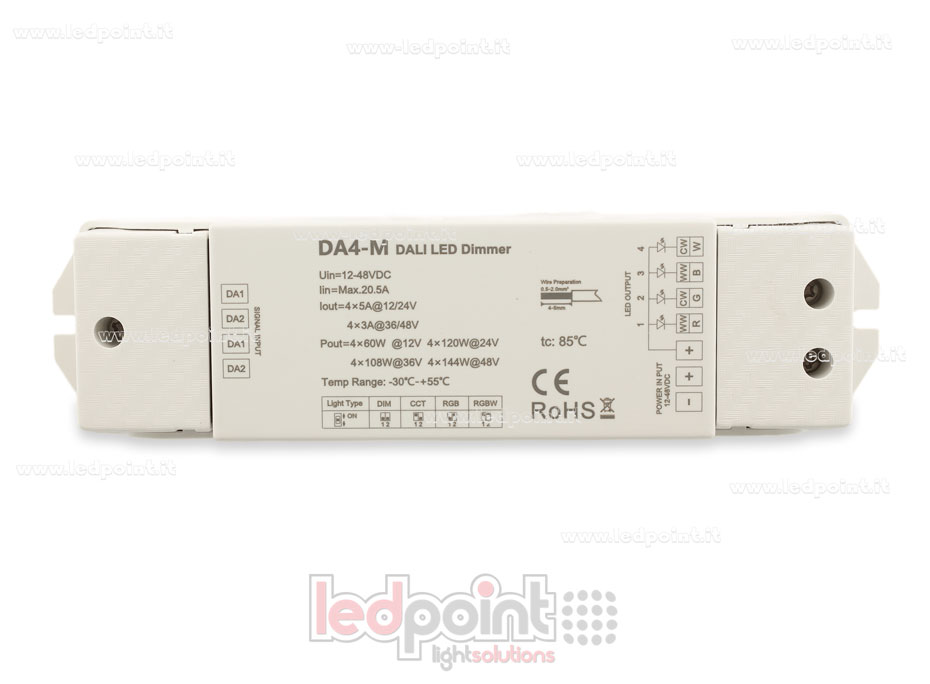 Dimmer DALI, 4 canaux 3A/5A, 12-48V DC, tension constante (DT6/DT8) SK-DA4-M Dimmer DALI, 4 canaux 3A/5A, 12-48V DC, tension constante (DT6/DT8) SK-DA4-M