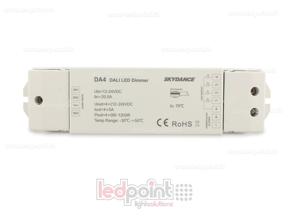 Dimmer DALI, 4 canaux 5A, 12-24V DC, tension constante (DT6) SK-DA4 Dimmer DALI, 4 canaux 5A, 12-24V DC, tension constante (DT6) SK-DA4