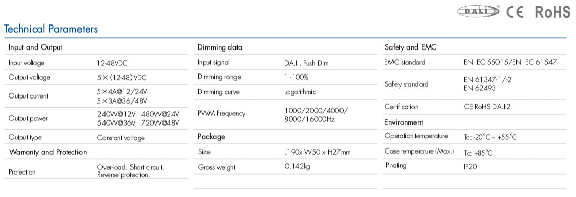 Variateur DALI, 5 canaux 4A 12-24V ou 3A 36-48V DC, tension constante (DT6/DT8) SK-DA5-L Variateur DALI, 5 canaux 4A 12-24V ou 3A 36-48V DC, tension constante (DT6/DT8) SK-DA5-L