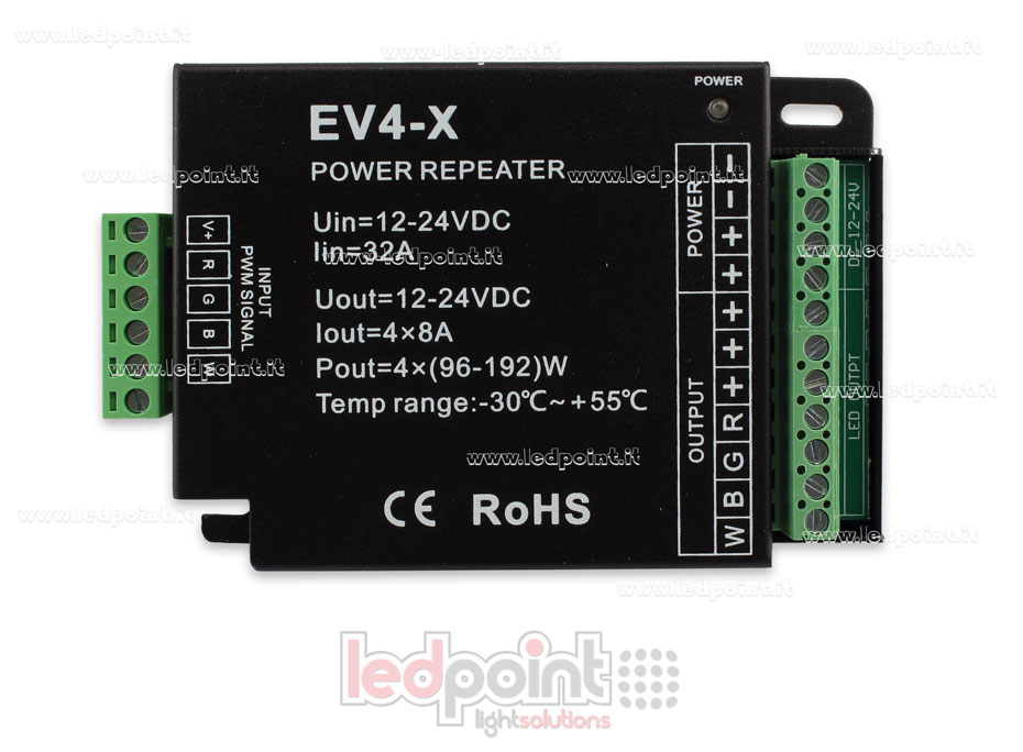 RGBW amplificateur de signal 12-24V 32A (4 canaux de 10A) SK-EV4-X RGBW amplificateur de signal 12-24V 32A (4 canaux de 10A) SK-EV4-X