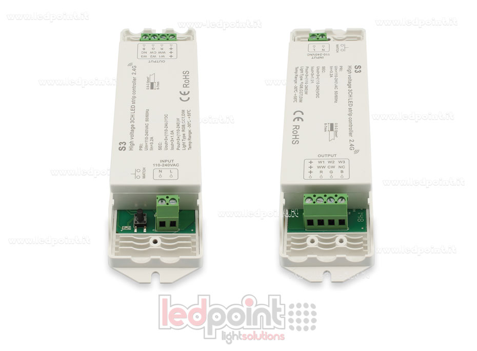 Contrôleur de ruban 110-240 VDC, CCT / RGB, 3 canaux de 1A chacun, RF 2.4G SK-S3 Contrôleur de ruban 110-240 VDC, CCT / RGB, 3 canaux de 1A chacun, RF 2.4G SK-S3