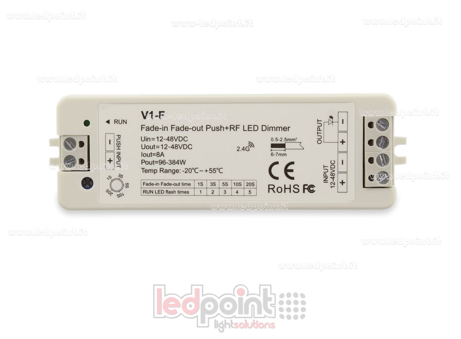 Récepteur variateur RF 2.4G monochrome avec réglage de variation on/off et bouton poussoir 12/48V, 1ch*8A SK-V1-F Récepteur variateur RF 2.4G monochrome avec réglage de variation on/off et bouton poussoir 12/48V, 1ch*8A SK-V1-F