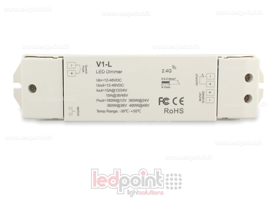 Récepteur variateur monocouleur avec bouton, 1ch*15A 12/24V ou 1ch*10A 36/48V, RF 2.4G SK-V1-L Récepteur variateur monocouleur avec bouton, 1ch*15A 12/24V ou 1ch*10A 36/48V, RF 2.4G SK-V1-L