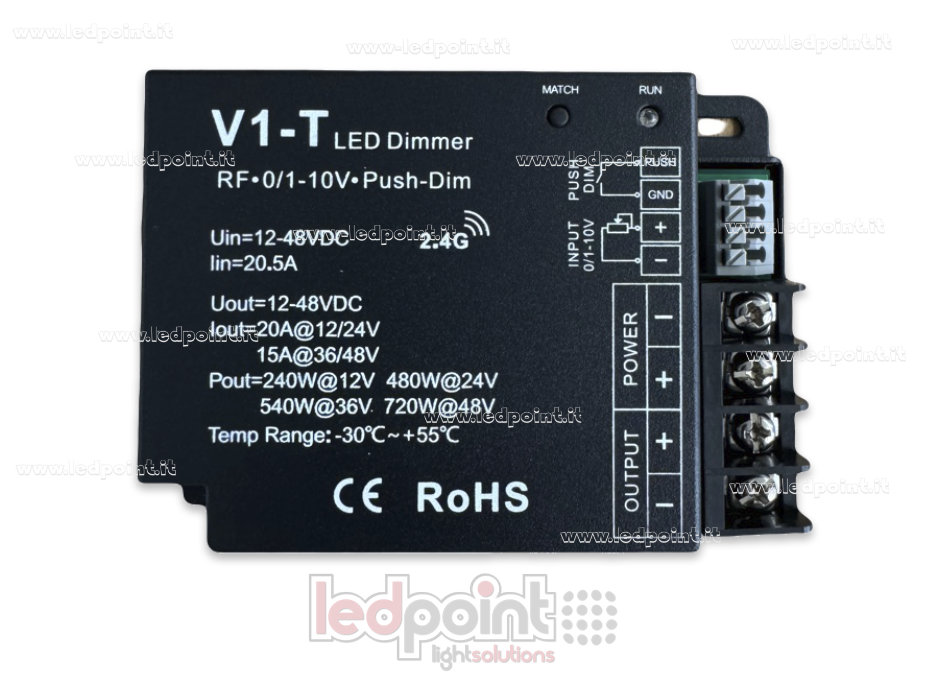 Récepteur variateur monocouleur avec bouton, 0/1-10V, 12/24V, 1ch*20A, RF 2.4G SK-V1-T Récepteur variateur monocouleur avec bouton, 0/1-10V, 12/24V, 1ch*20A, RF 2.4G SK-V1-T
