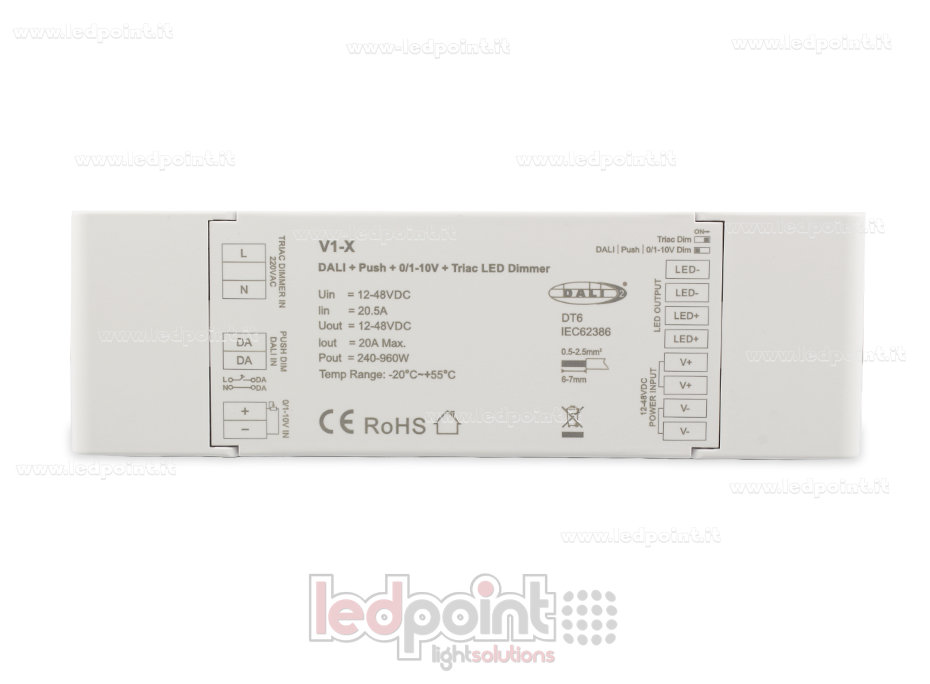 Récepteur variateur monochromatique 4-en-1 avec Push Dim, DALI, 0/1-10V + Triac 1CH*20A 12/48V SK-V1-X Récepteur variateur monochromatique 4-en-1 avec Push Dim, DALI, 0/1-10V + Triac 1CH*20A 12/48V SK-V1-X