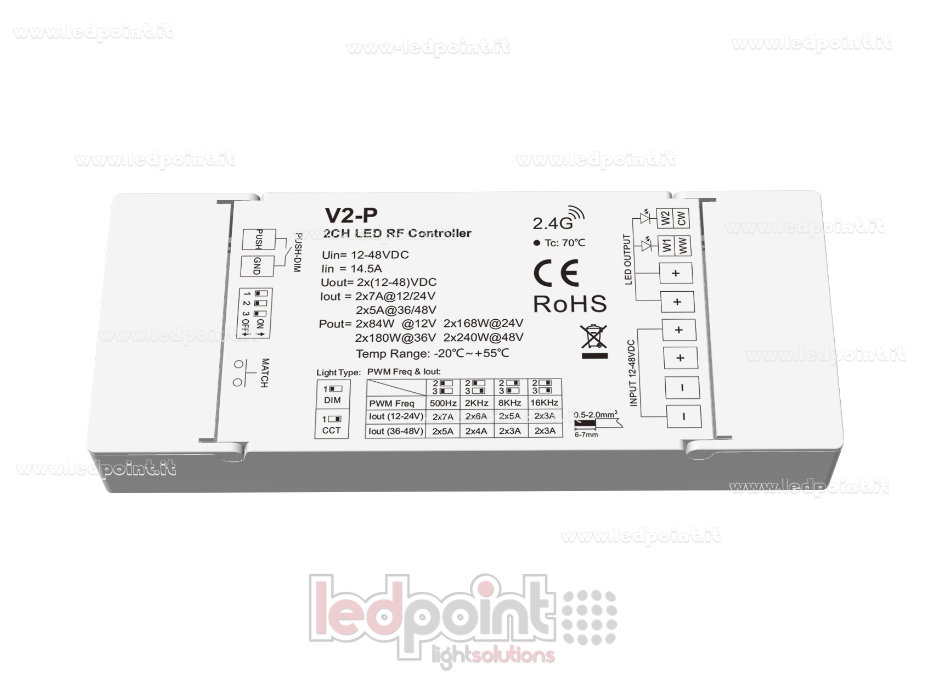 Contrôleur récepteur mono ou CCT, 12/48VDC, 2ch*7A SK-V2-P Contrôleur récepteur mono ou CCT, 12/48VDC, 2ch*7A SK-V2-P