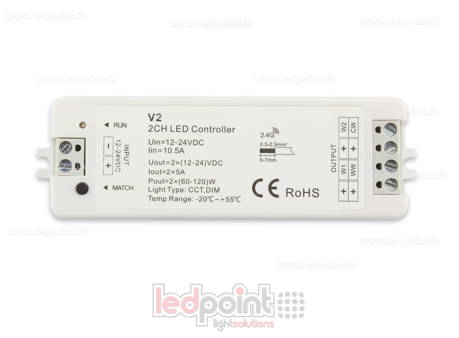 Variateur CCT 12-24V, 2ch*5A, RF 2.4G SK-V2 Variateur CCT 12-24V, 2ch*5A, RF 2.4G SK-V2