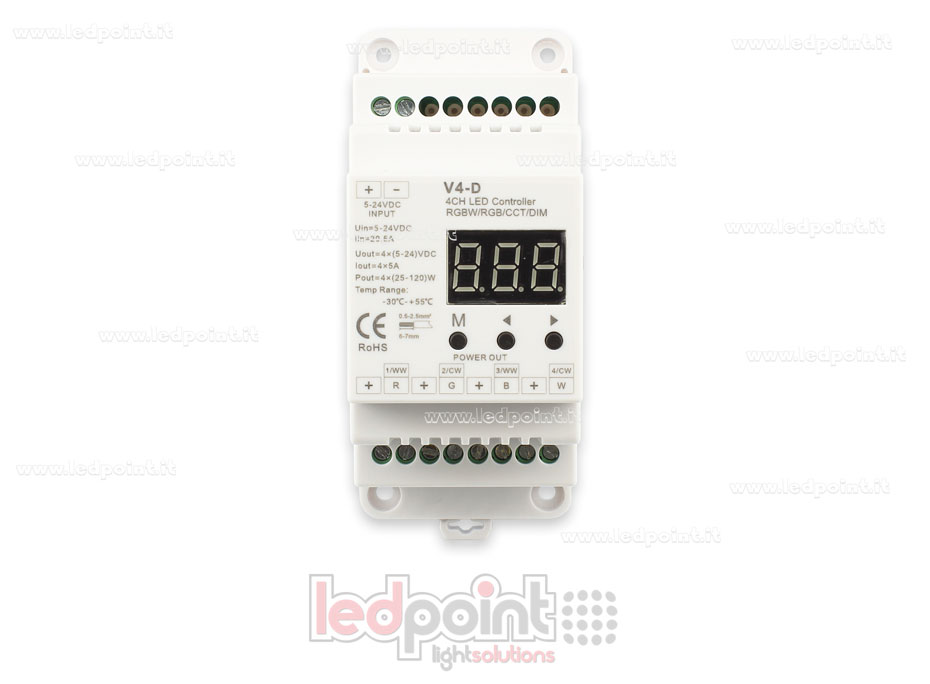 Récepteur contrôleur RGBW 12/24V, 4ch*5A, RF 2.4G pour barre DIN SK-V4-D