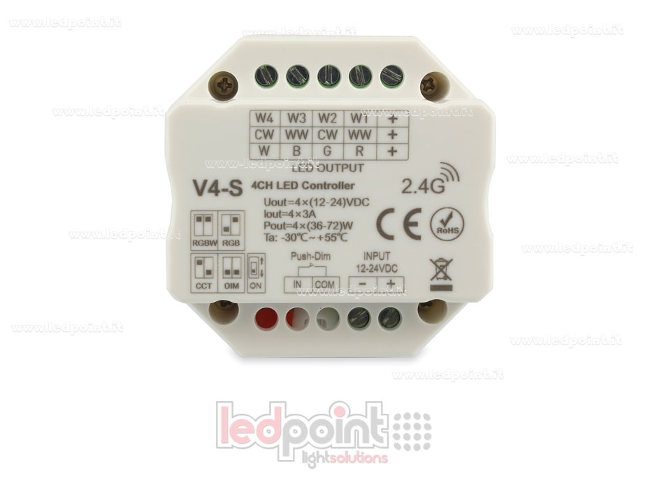 Récepteur variateur RGBW avec bouton/Triac 12/24V, 4ch*3A, RF 2.4G, installation sur boîte murale pour interrupteurs SK-V4-S Récepteur variateur RGBW avec bouton/Triac 12/24V, 4ch*3A, RF 2.4G, installation sur boîte murale pour interrupteurs SK-V4-S