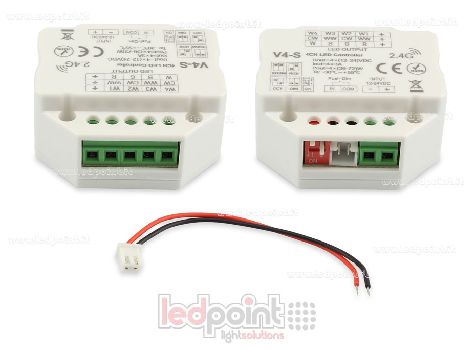 Récepteur variateur RGBW avec bouton/Triac 12/24V, 4ch*3A, RF 2.4G, installation sur boîte murale pour interrupteurs SK-V4-S Récepteur variateur RGBW avec bouton/Triac 12/24V, 4ch*3A, RF 2.4G, installation sur boîte murale pour interrupteurs SK-V4-S