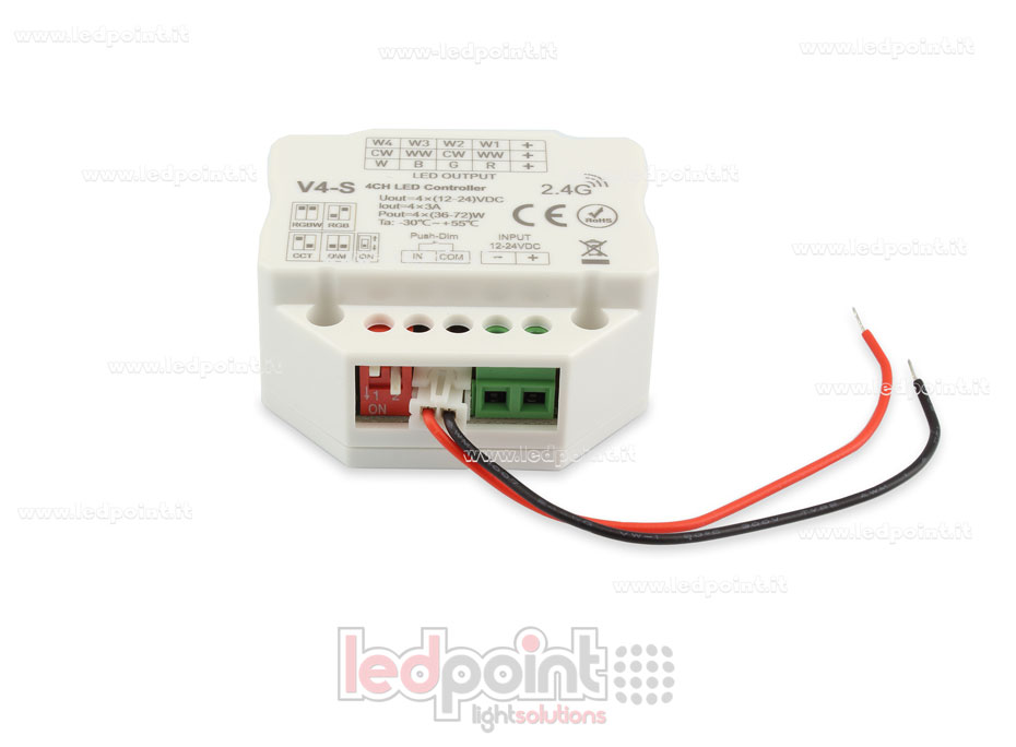 Récepteur variateur RGBW avec bouton/Triac 12/24V, 4ch*3A, RF 2.4G, installation sur boîte murale pour interrupteurs SK-V4-S Récepteur variateur RGBW avec bouton/Triac 12/24V, 4ch*3A, RF 2.4G, installation sur boîte murale pour interrupteurs SK-V4-S