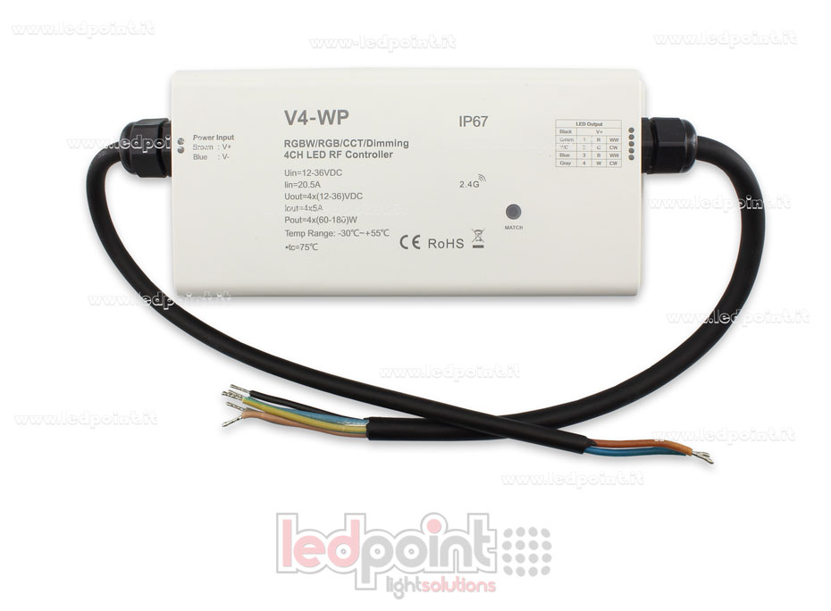 Variateur RGBW IP67 waterproof 12/36V, 4ch*5A, RF 2.4GHz  SK-V4-WP