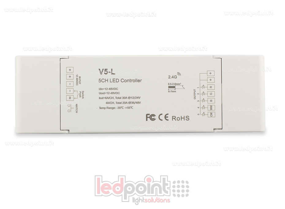 Récepteur contrôleur RGB+CCT 12/24V,5ch*6A or 36/48V, 5ch*4A, RF 2.4G SK-V5-L Récepteur contrôleur RGB+CCT 12/24V,5ch*6A or 36/48V, 5ch*4A, RF 2.4G SK-V5-L