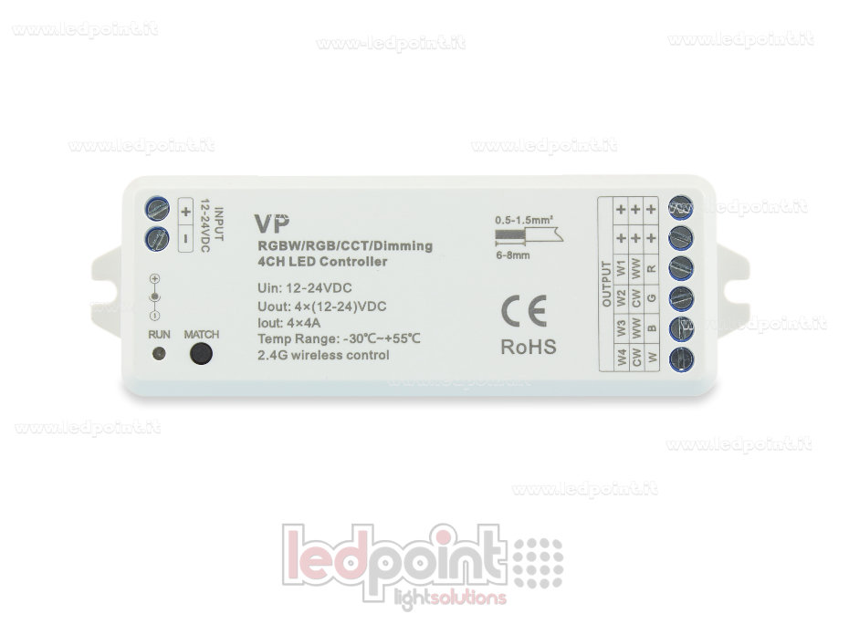Variateur RGBW 12/24V, 4ch*4A, Max 16A, RF 2.4GHz SK-VP Variateur RGBW 12/24V, 4ch*4A, Max 16A, RF 2.4GHz SK-VP